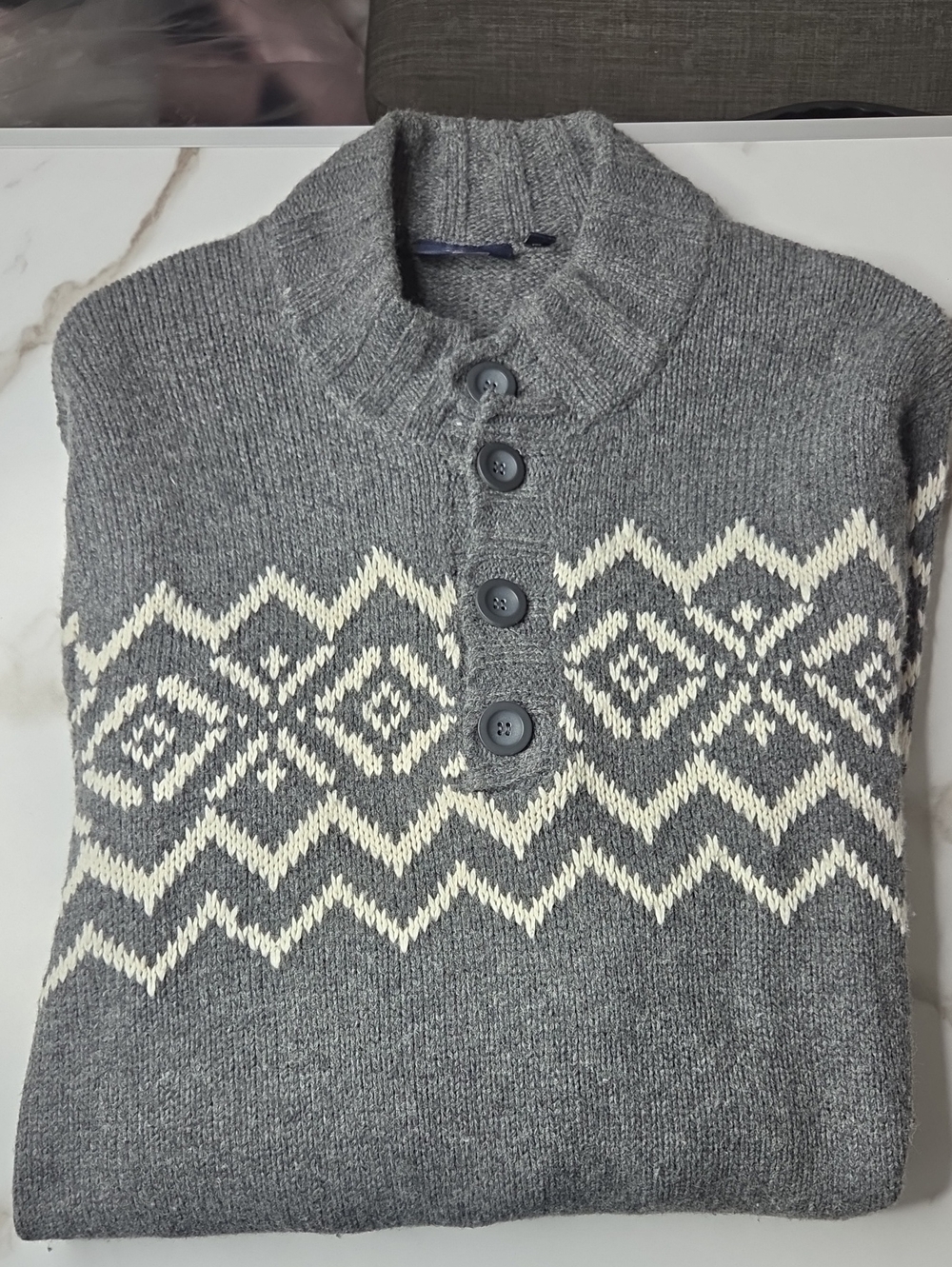 Men's Gray Button Nordic Pattern Sweater with Ivory Accent